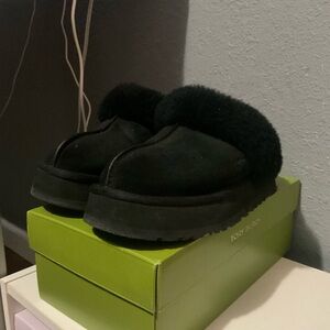 Black Suede Shearling Clog Slides